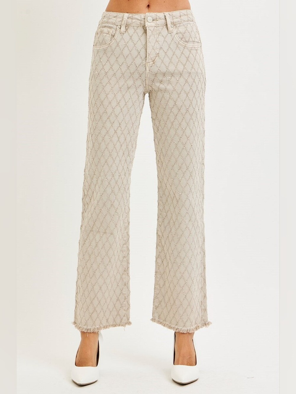 Risen Elsie Tummy Control Cream Textured Wide Straight Leg Jeans Women's Size 27